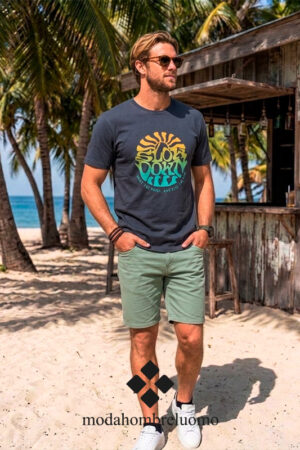 Hombre vistiendo camiseta de algodón azul en playa tropical