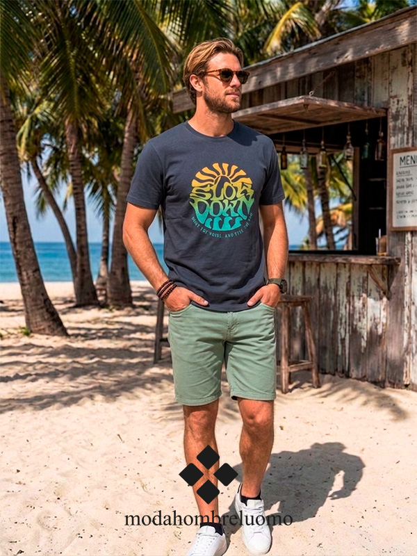 camiseta-hombre-algodón-dibujo-surf---2 Hombre vistiendo camiseta de algodón azul en playa tropical