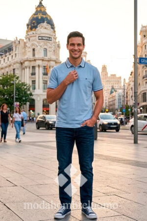 hombre vestido con polo de algodón y viscosa tejido transpirable en una calle de Madrid