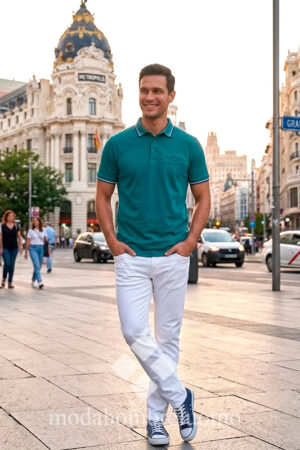 hombre vestido con polo de algodón y viscosa tejido transpirable en una calle de Madrid