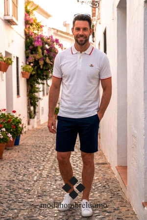 Hombre vistiendo polo de la española blanco con banderas