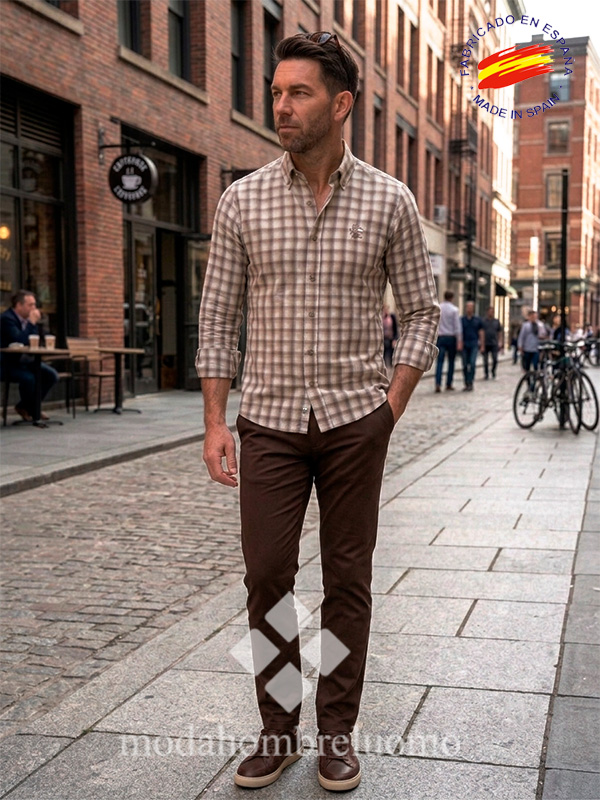 CAMISA-HOMBRE-CUADRO-MARRON-VESPITA-3 hombre vistiendo camisa hombre cuadro marrón la vespita en una calle comercial